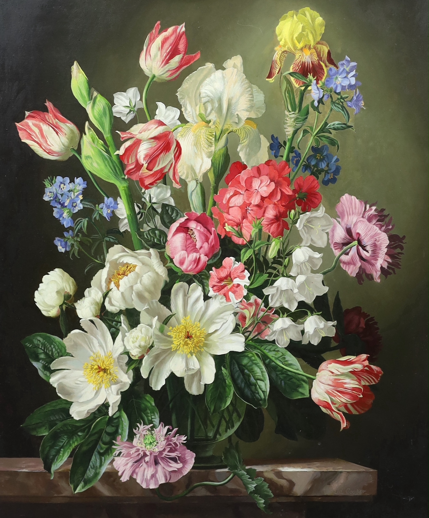 Gerald A. Cooper (British 1898-1975), 'Peonies, Tulips and Iris', oil on board, 75 x 62cm